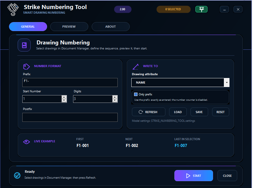 STRIKE Numbering Tool interface