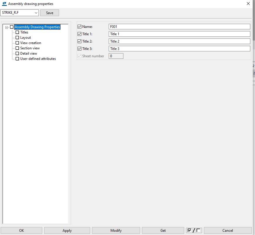 Assembly drawing properties with Name and Modify highlighted
