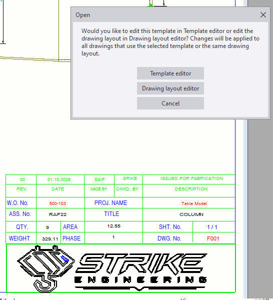 Template editor option highlighted in Tekla