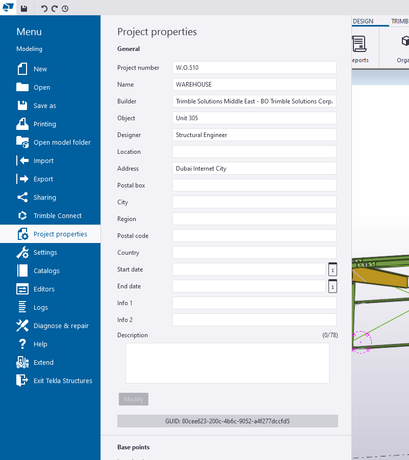 Tekla Project properties with Project number and Name highlighted