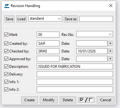 Revision Handling form with fields highlighted