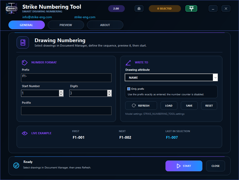 Actual Numbering Tool interface with number format, drawing attribute and live sequence preview